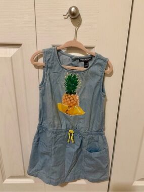 Light Blue Denim Pineapple Appliqué Dress for Kids